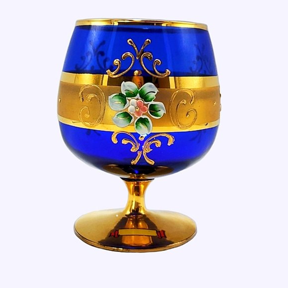 Murano Italy Cobalt Blue Goblet Gold Enamel Floral - Picture 1 of 8